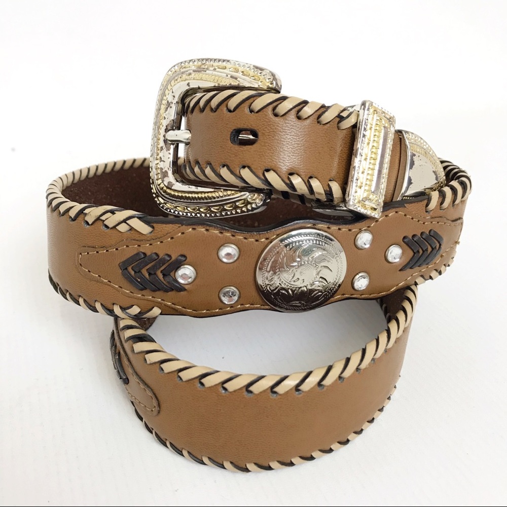 Genuine Leather Silver Medallion Braid Aztec Belt